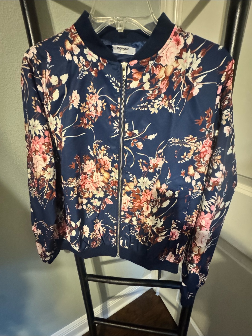 zeagoo Navy Floral Bomber Jacket with Pink & Cream Blooms